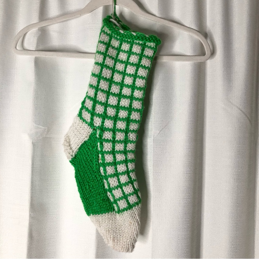 Vintage Wool hand-knitted green white pattern stocking Christmas